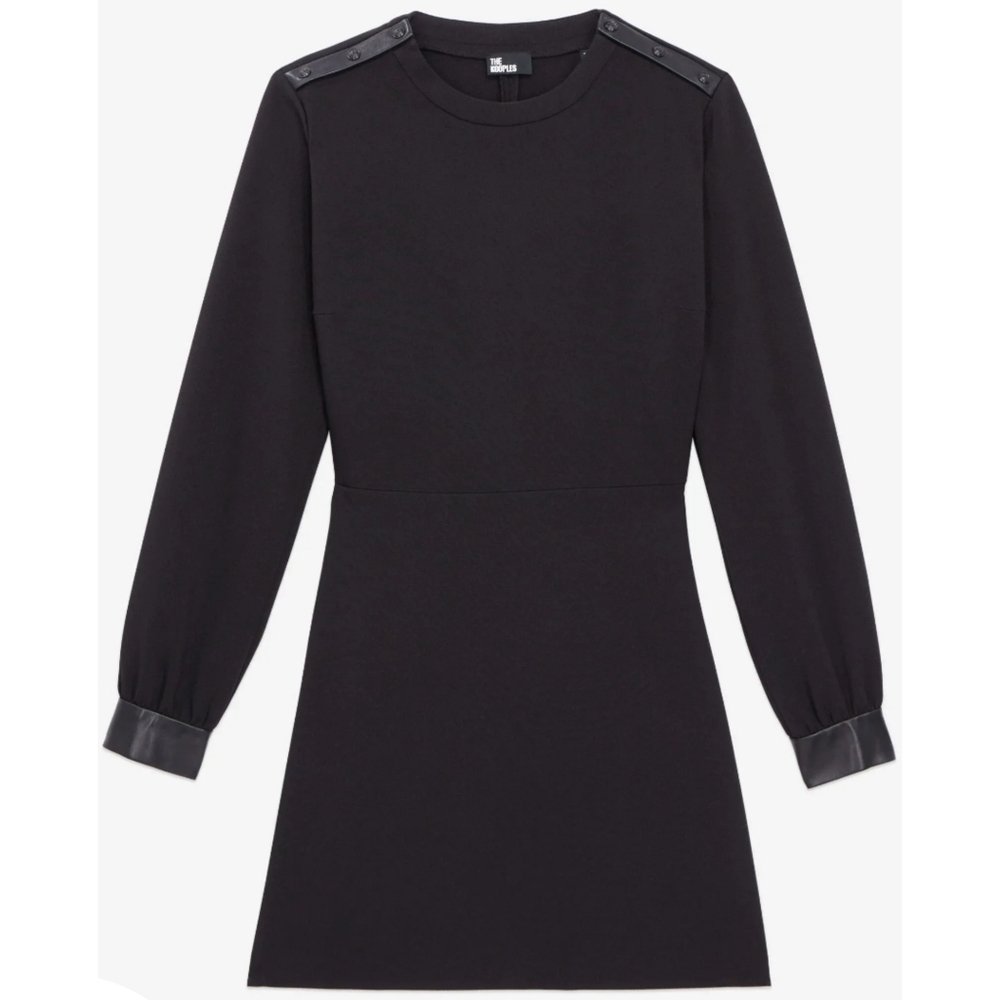 NWT The Kooples Woven Stretch Dress with Lamb Leather Details Size 3/Large Black
